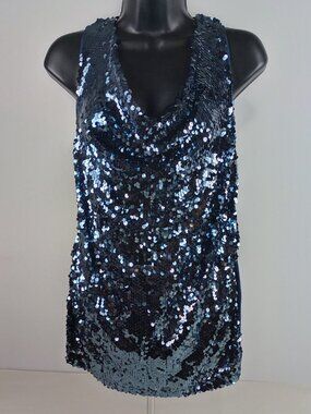 Dressbarn Womens XL Blue Silver Sequined Scoop Neck Lined Wide Strap Tank Top